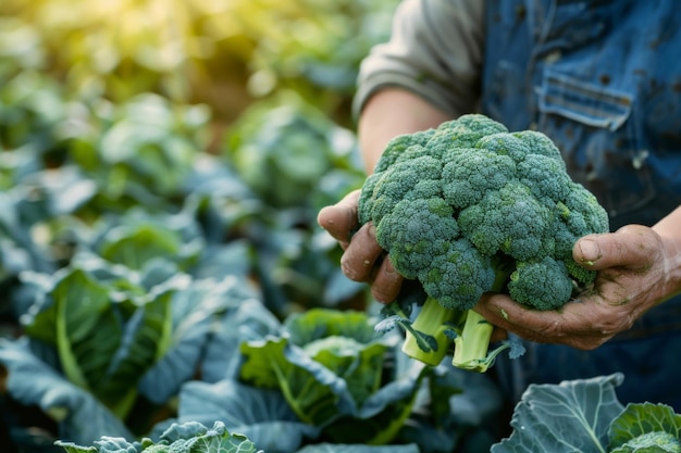 Photo man holds broccoli a leaf vegetable and superfood in a field