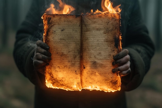 Photo a man holds a burning book in his hands closeup