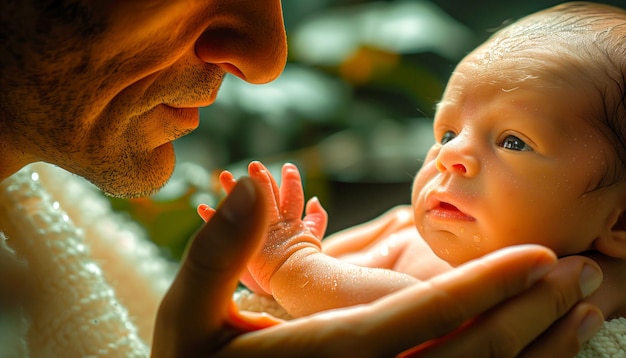 Photo man holds child on his lap man with newborn