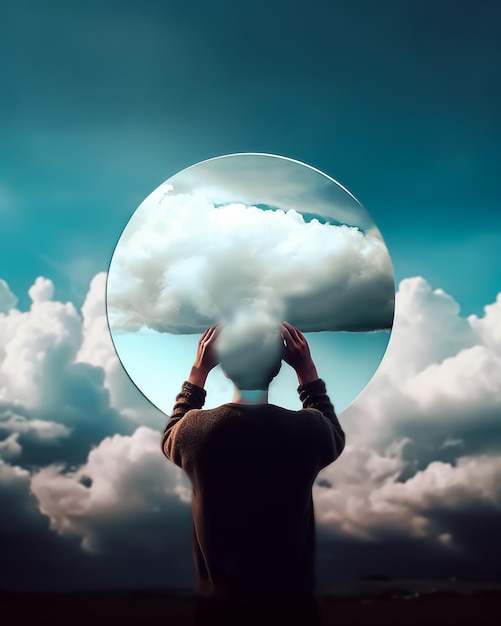 A man holds a cloud in his head in front of a blue sky