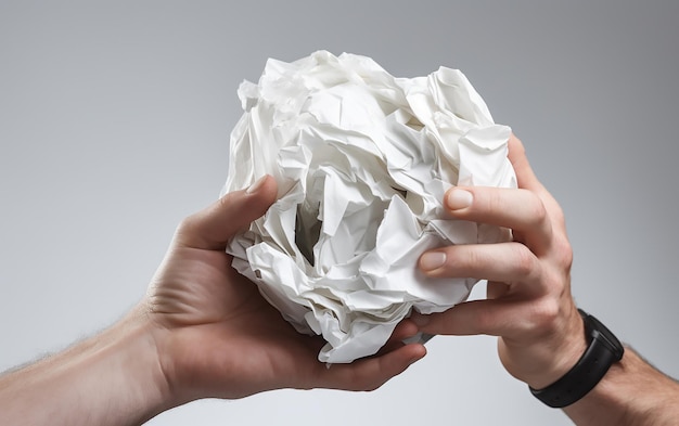 Photo a man holds a crumpled up ball of paper with the word paper on it.