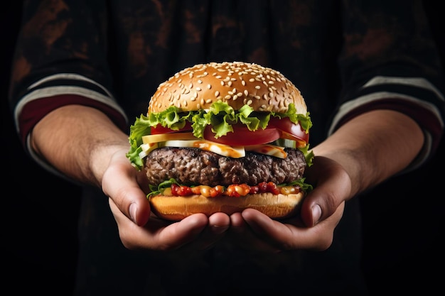 Photo a man holds a deliciouslooking burger with both hands