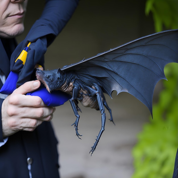 Photo a man holds a dragon shaped bat with a blue sleeve.