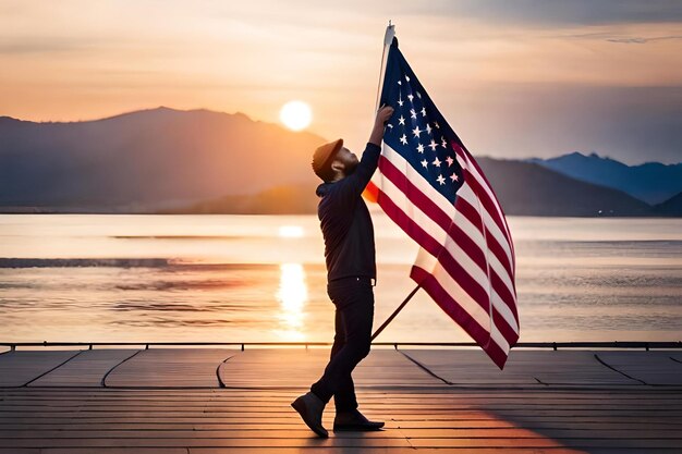 Photo a man holds a flag in front of a lake at sunset.