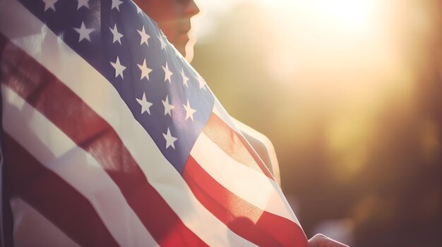 A man holds a flag in front of a sunlit sky.