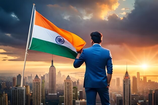 A man holds a flag in front of a sunset