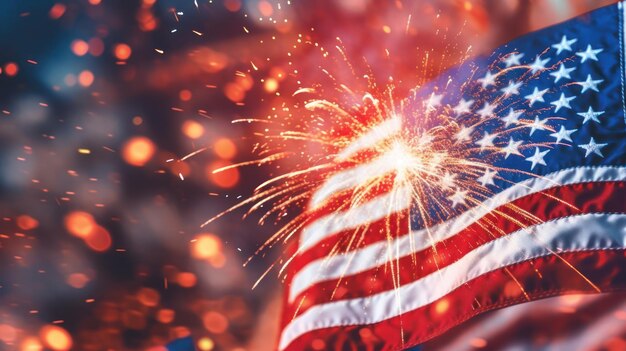 A man holds a flag with fireworks in the background