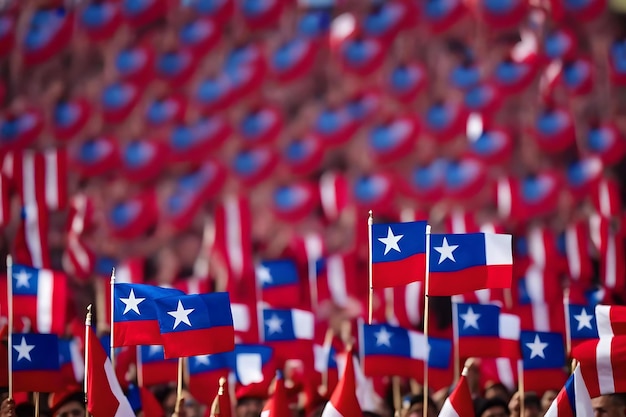 A man holds flags in front of a large crowd.