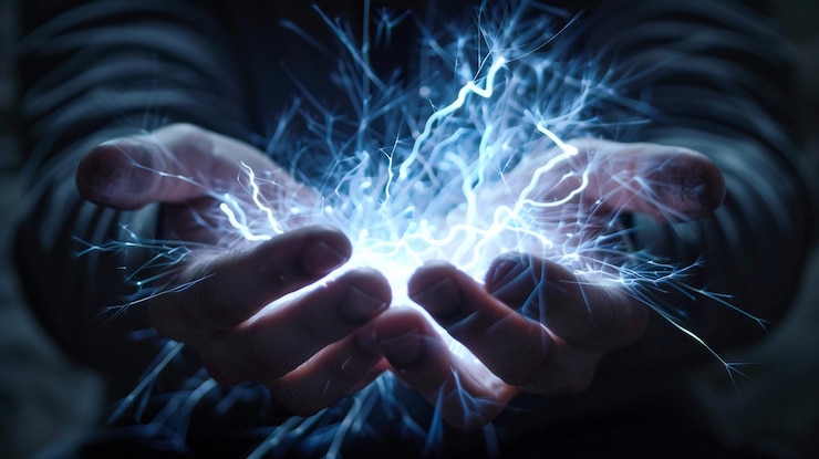 Photo a man holds a flash of lightning in his hands