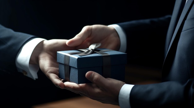 A man holds a gift with a small box on the top.