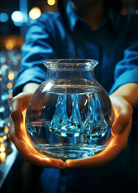 Photo a man holds a glass jar with a ship in it.