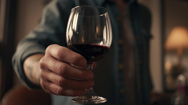 Photo a man holds a glass of red wine in front of him.