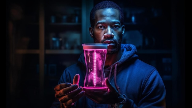 a man holds a glass with the liquid in it