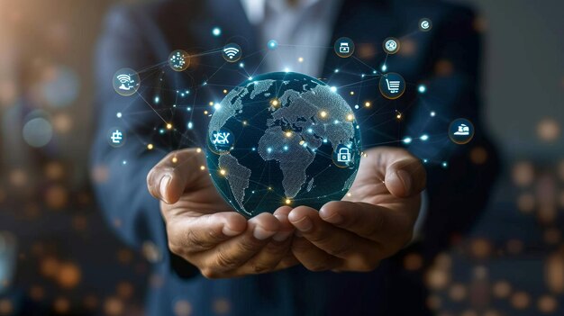 Photo a man holds a globe in his hands with the words global and social network