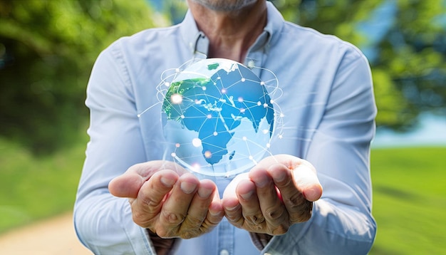 A man holds a globe in his hands.