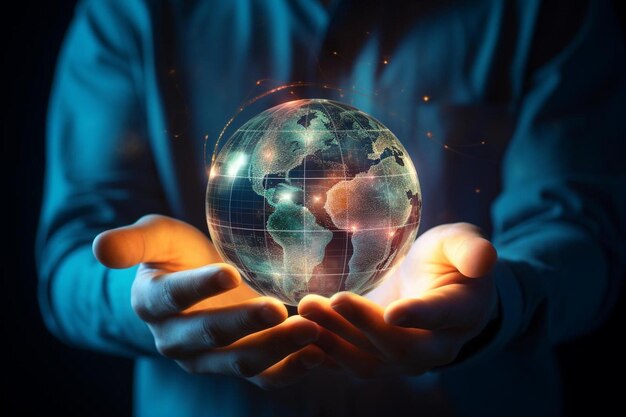 Photo a man holds a globe in his hands