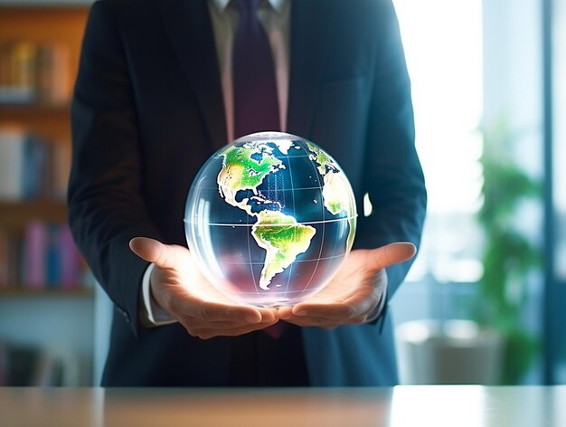 a man holds a globe that shows the world in his hands.