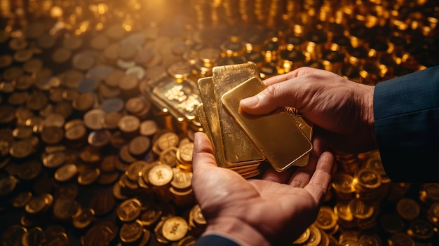 a man holds gold coins in his hands