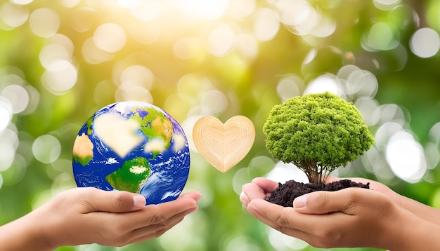 a man holds a heart shaped earth with a tree in the middle