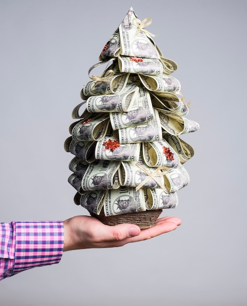 A man holds in his hand a fir tree from banknotes