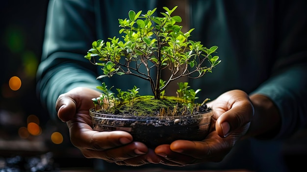 man holds in his hands hemisphere with green tree climate change environment concept AI generated