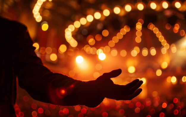 Man holds his hands out to the crowd against the background of festive garland