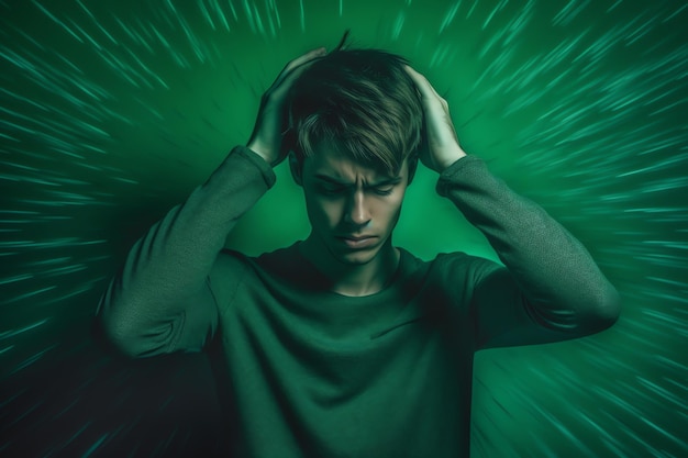 A man holds his head in front of a green background with the words'the green light '