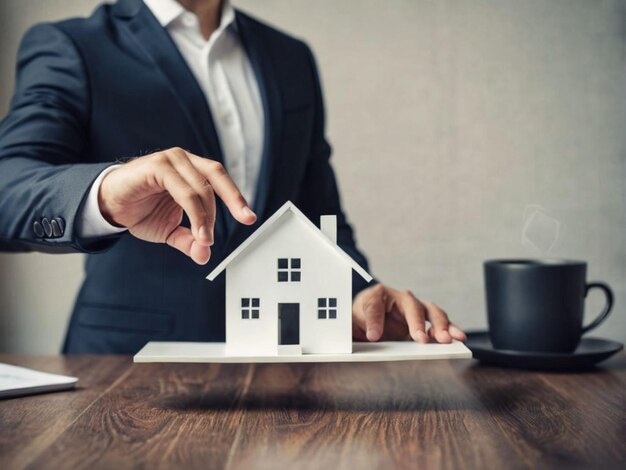 a man holds a house with the house on the screen