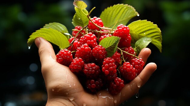 A man holds juicy berries in his hands