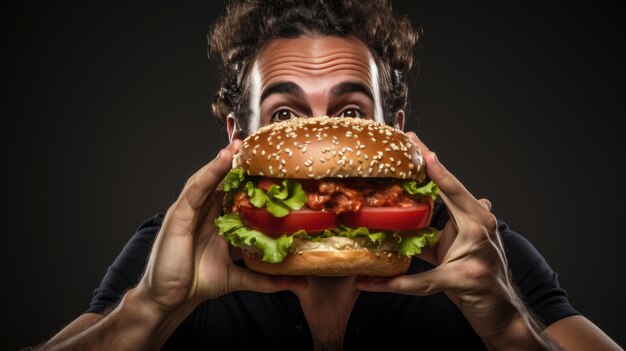 Man holds a juicy burger in his hands