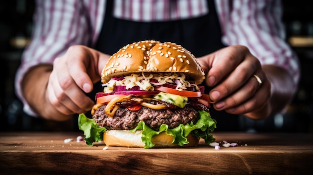 Man holds a juicy burger in his hands