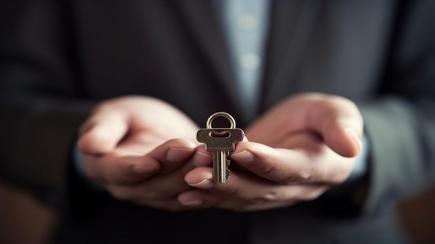 A man holds a key in his hands.