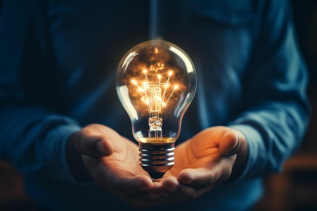 A man holds a light bulb in his hands.