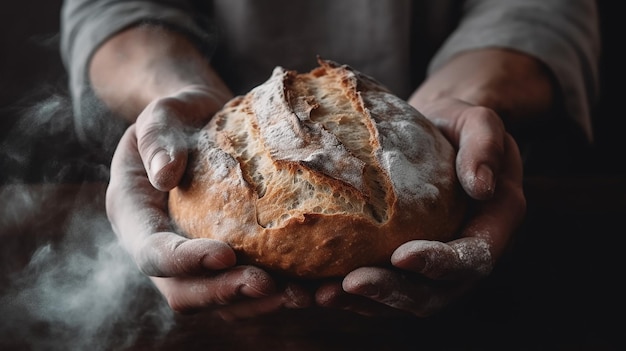 a man holds a loaf of bread in his hands.