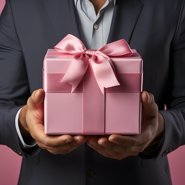 Man Holds a Pink Gift Box on a Pink Background