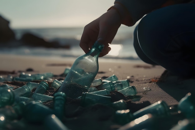 A man holds a plastic bottle on the beach Generative AI