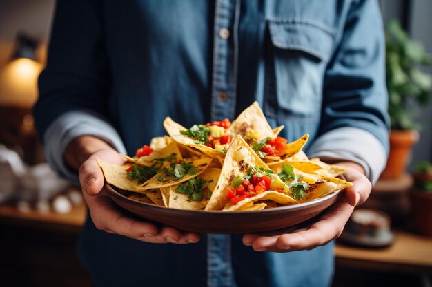 Foto un uomo tiene un piatto di nachos con patatine di tortilla