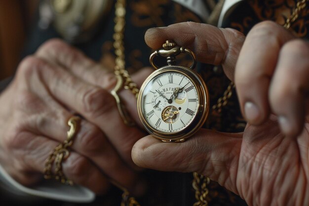 a man holds a pocket watch that has the time as 12  55