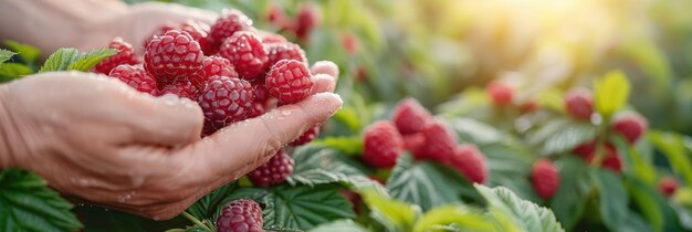 A man holds raspberries in his hands harvesting