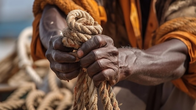 A man holds a rope with the hands of a man.