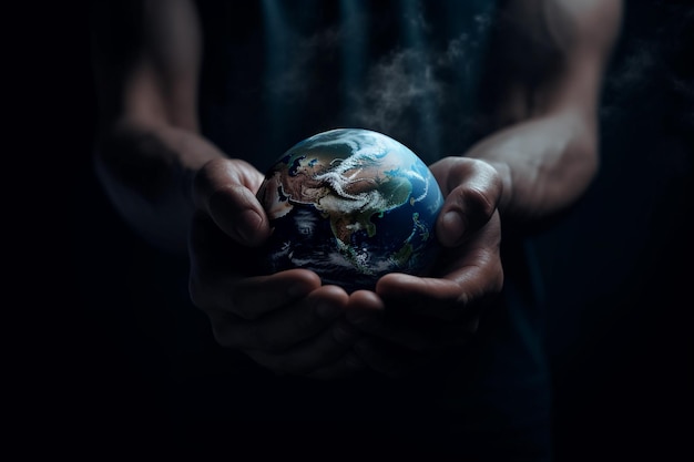 A man holds a small planet in his hands.