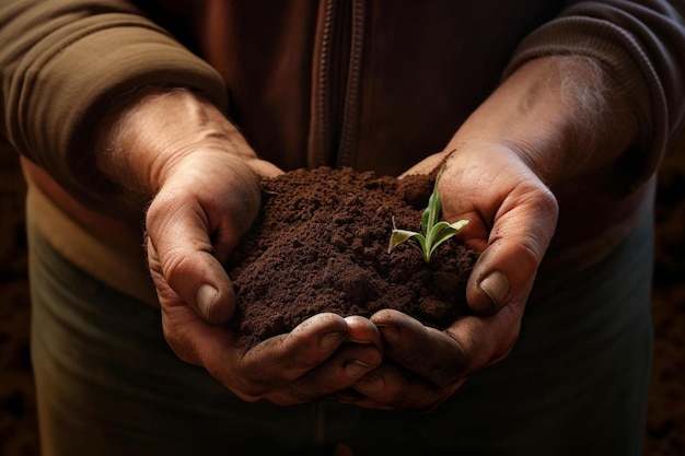 男性が手に小さな植物を持っています。