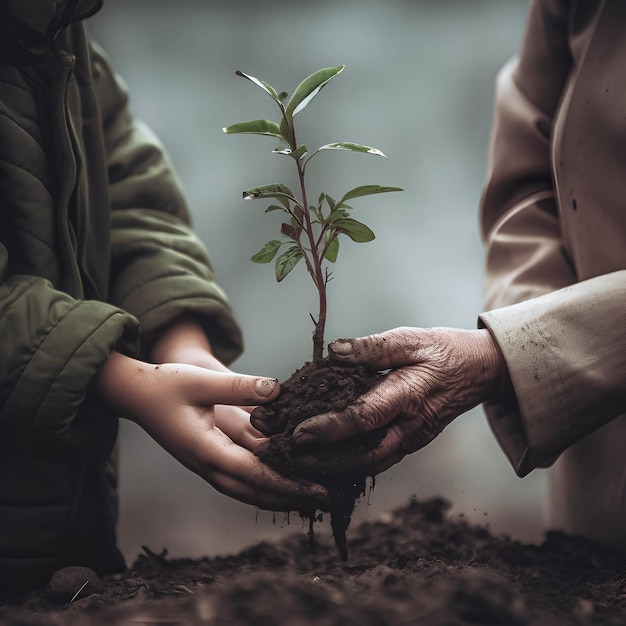 A man holds a small plant in his hands.