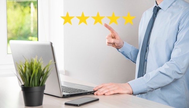 Man holds smart phone in hands and gives positive rating, icon five star symbol to increase rating