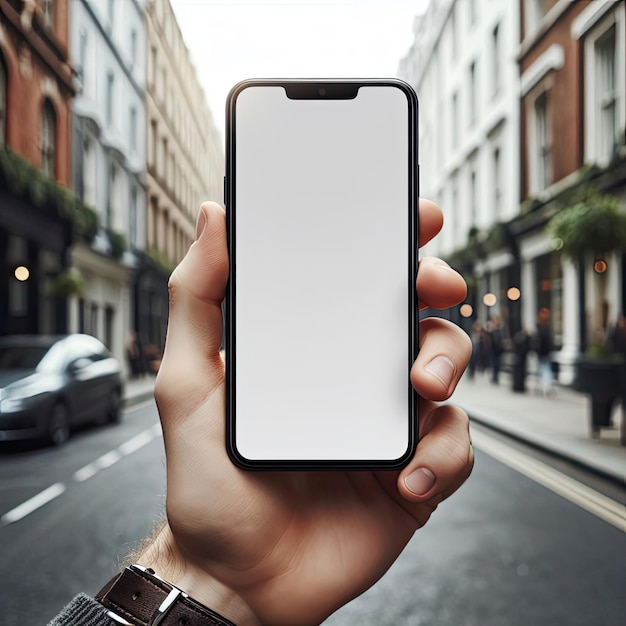 Foto un uomo tiene uno smartphone in mano in una strada della città in primo piano dello schermo