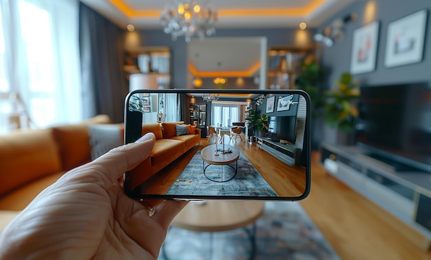 Foto l'uomo tiene in mano lo smartphone e scatta una foto all'interno di un moderno appartamento con finestra panoramica e divano