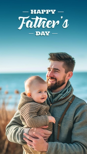 A Man Holds a Smiling Baby Near the Ocean