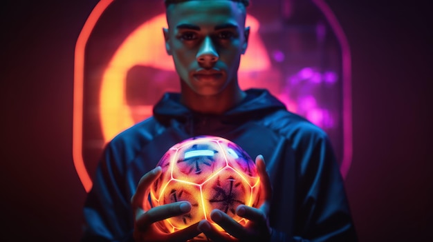 A man holds a soccer ball in front of a neon light.