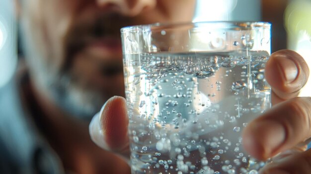 輝く泉水のグラスを掲げている男性がその水晶のような澄みを賞賛しています