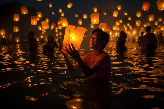 A man holds up a lantern in the water at night.